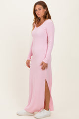 Light Pink Ribbed Long Sleeve Side Slit Maxi Dress