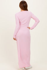 Light Pink Ribbed Long Sleeve Side Slit Maxi Dress
