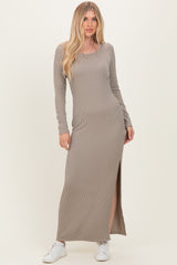 Taupe Ribbed Long Sleeve Side Slit Maxi Dress