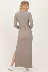 Taupe Ribbed Long Sleeve Side Slit Maxi Dress