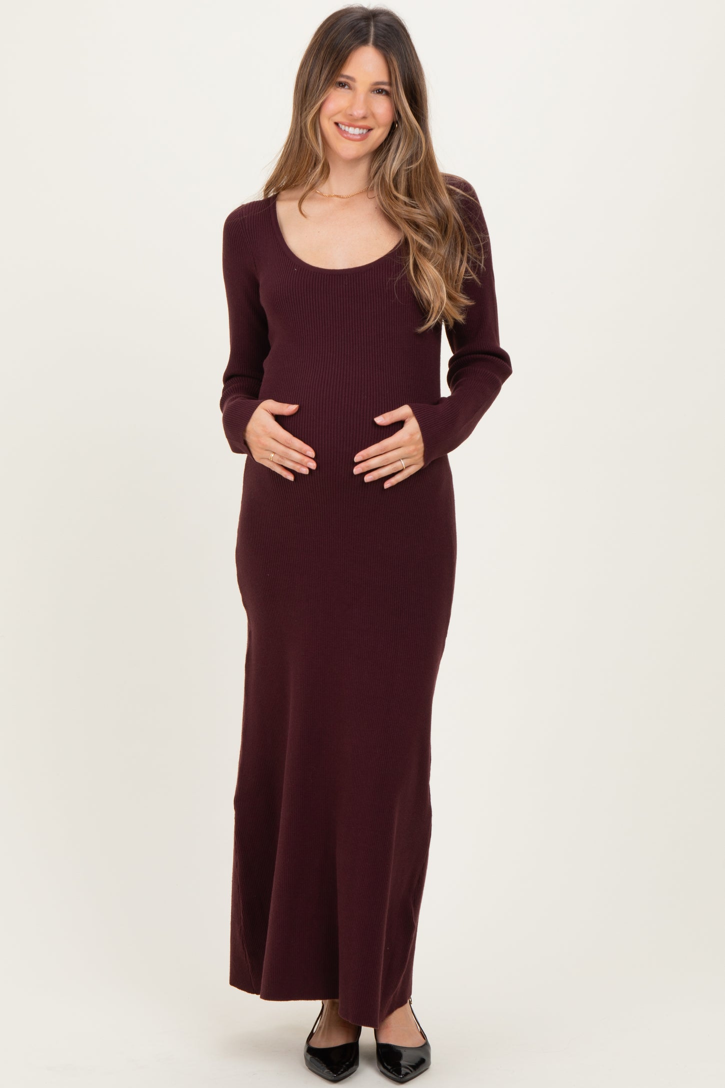 Plum Rib Knit Back Cutout Maternity Midi Dress