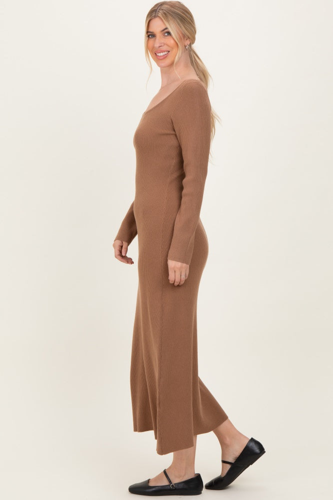 Mocha Rib Knit Back Cutout Midi Dress