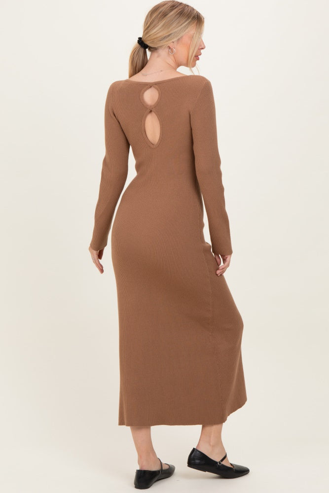 Mocha Rib Knit Back Cutout Midi Dress