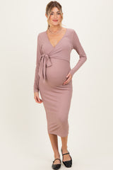 Mocha Ribbed Long Sleeve Maternity Wrap Dress
