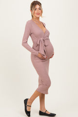 Mocha Ribbed Long Sleeve Maternity Wrap Dress