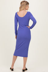 Blue Ribbed Long Sleeve Squareneck Fitted Midi Dress