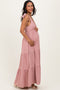 Mauve Shoulder Tie Ribbed Tiered Maternity Maxi Dress