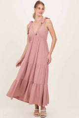 Mauve Shoulder Tie Ribbed Tiered Maxi Dress
