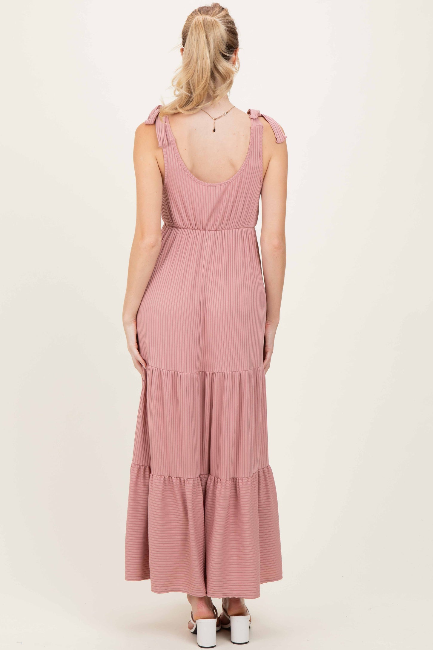 Mauve Shoulder Tie Ribbed Tiered Maxi Dress