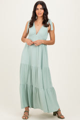 Sage Shoulder Tie Ribbed Tiered Maxi Dress