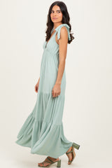 Sage Shoulder Tie Ribbed Tiered Maxi Dress