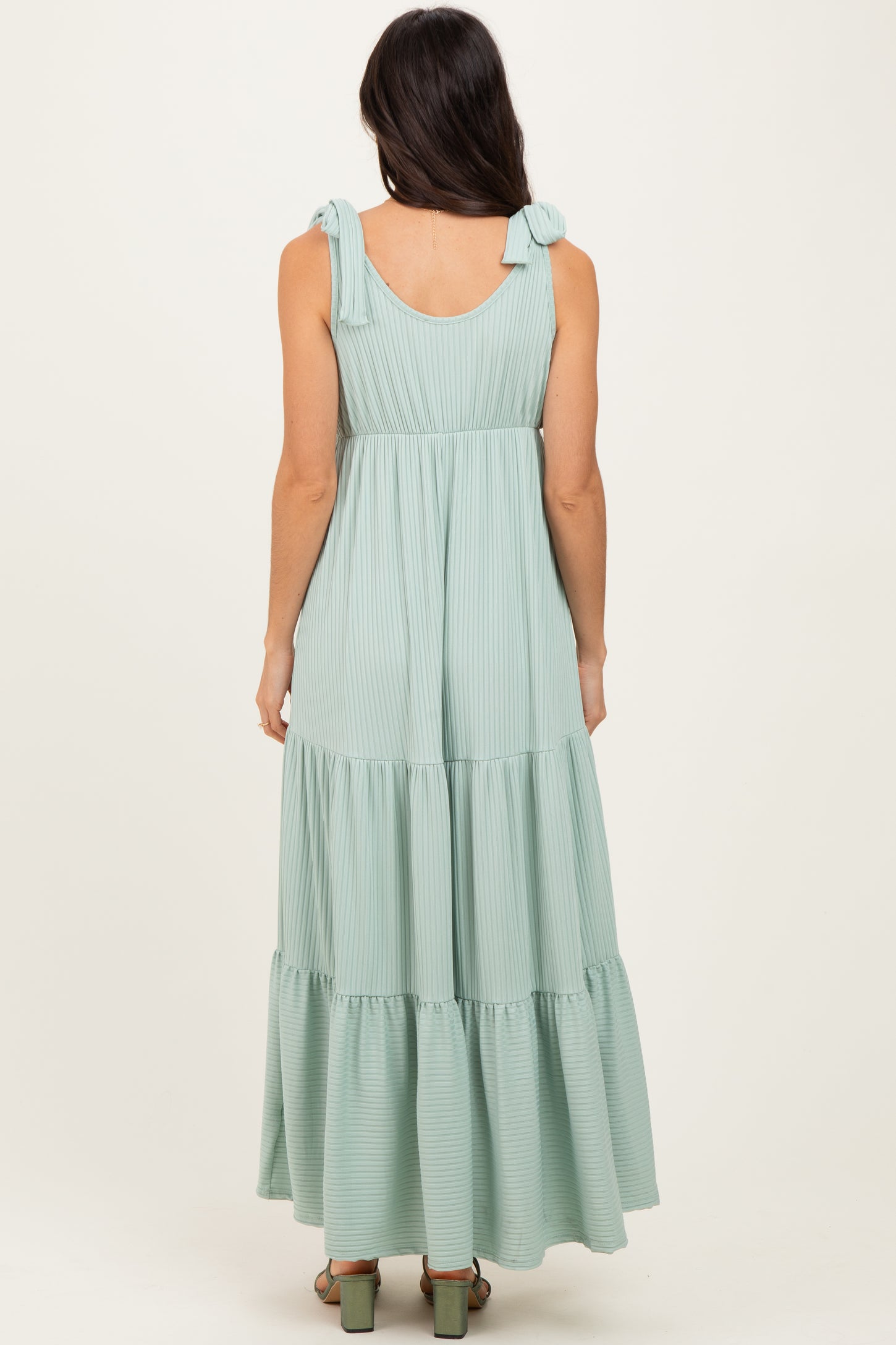 Sage Shoulder Tie Ribbed Tiered Maxi Dress