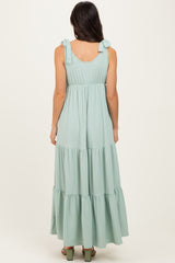Sage Shoulder Tie Ribbed Tiered Maxi Dress