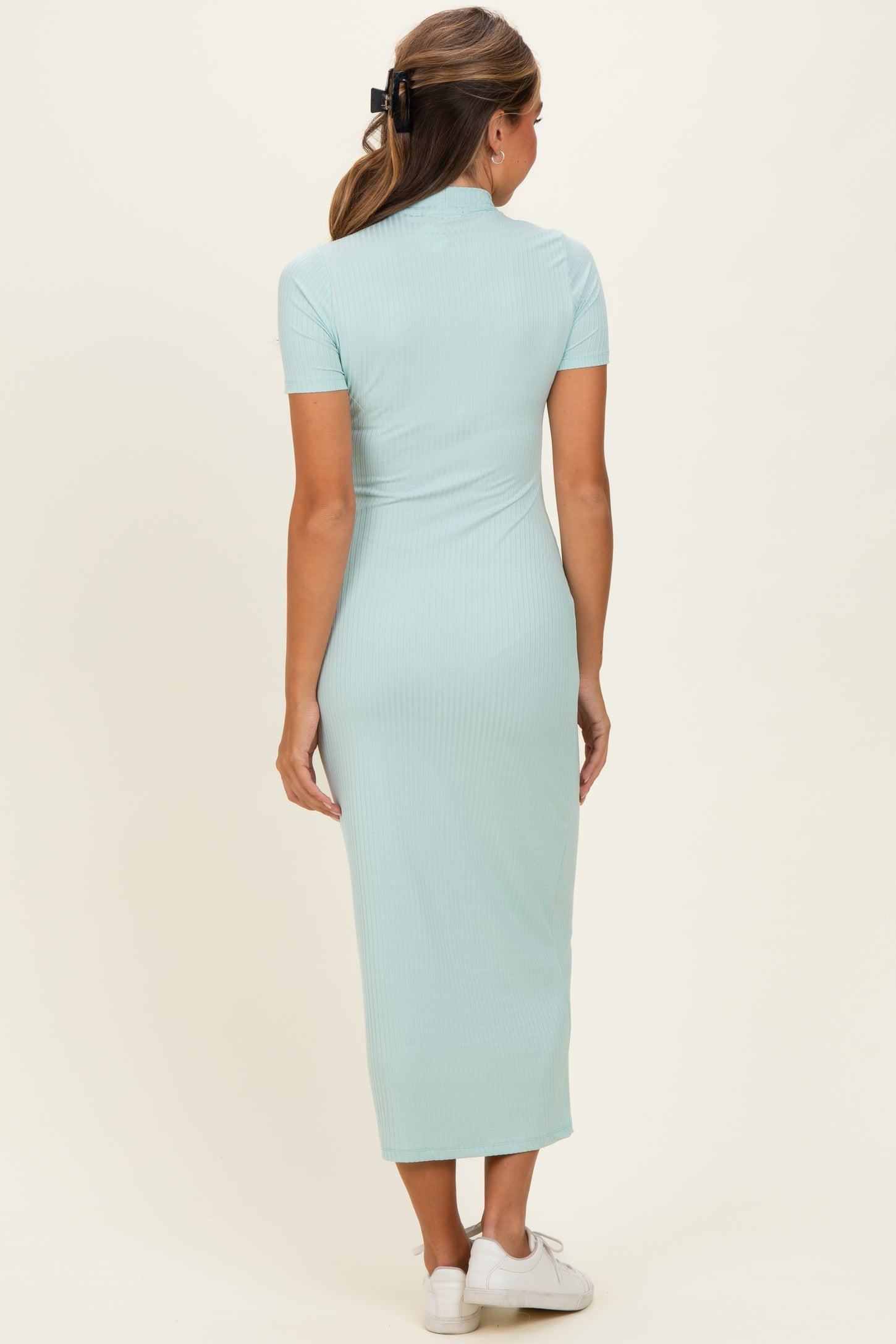 Mint Ribbed Mock Neck Short Sleeve Midi Dress