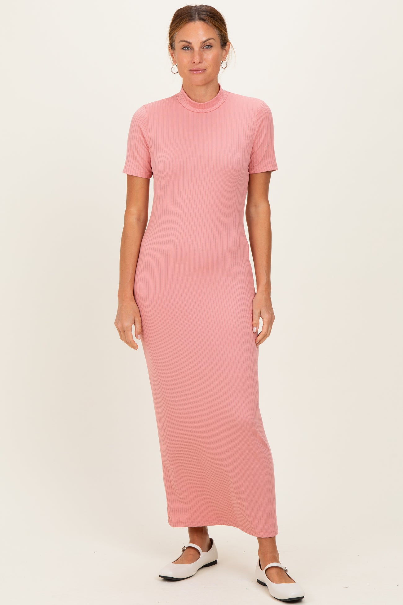 Pink Ribbed Mock Neck Short Sleeve Maternity Midi Dress