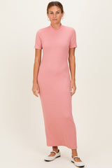 Pink Ribbed Mock Neck Short Sleeve Maternity Midi Dress