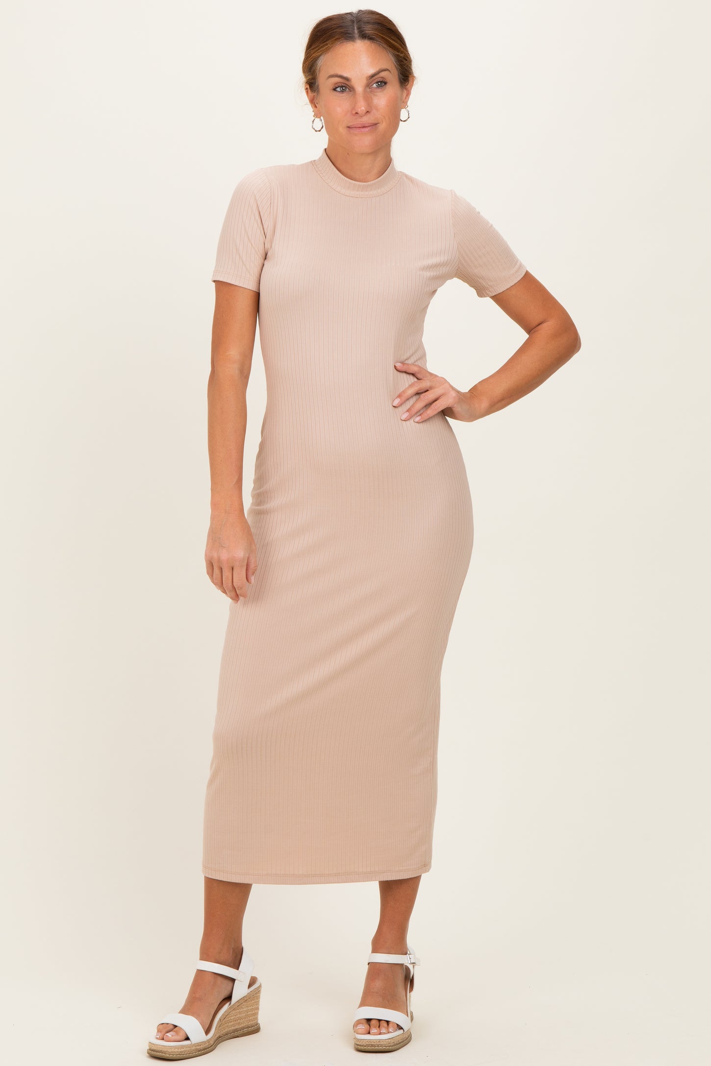 Taupe Ribbed Mock Neck Short Sleeve Maternity Midi Dress