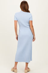 Sky Blue Ribbed Knit Tie Neck Midi Dress