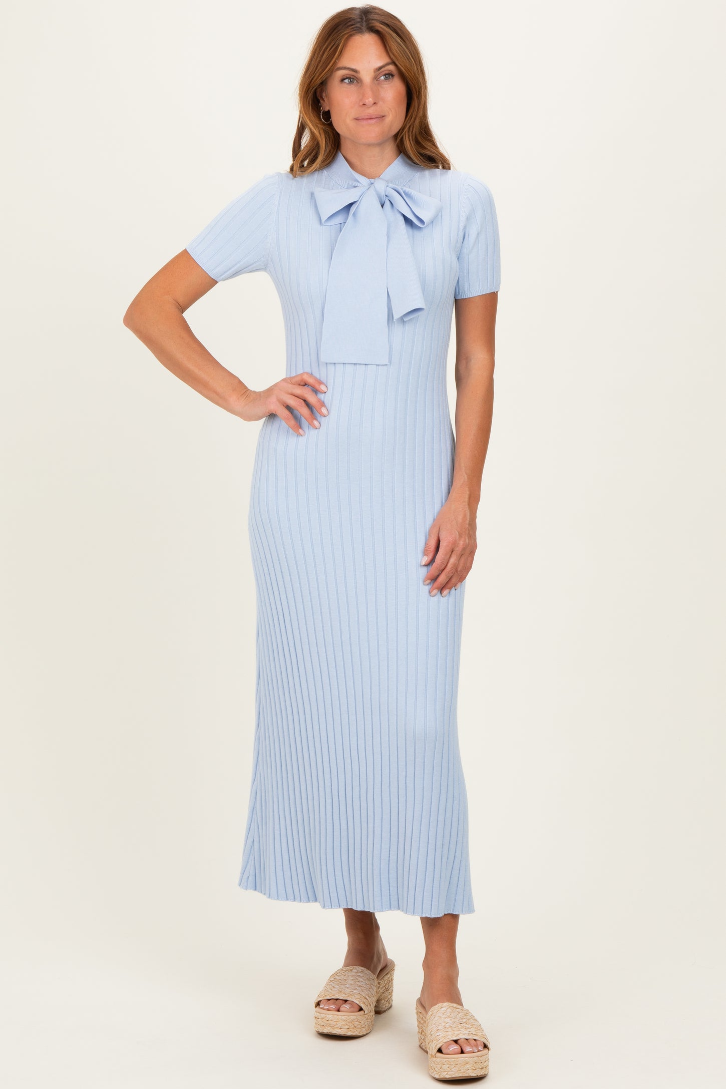 Sky Blue Ribbed Knit Tie Neck Midi Dress