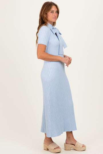 Sky Blue Ribbed Knit Tie Neck Midi Dress
