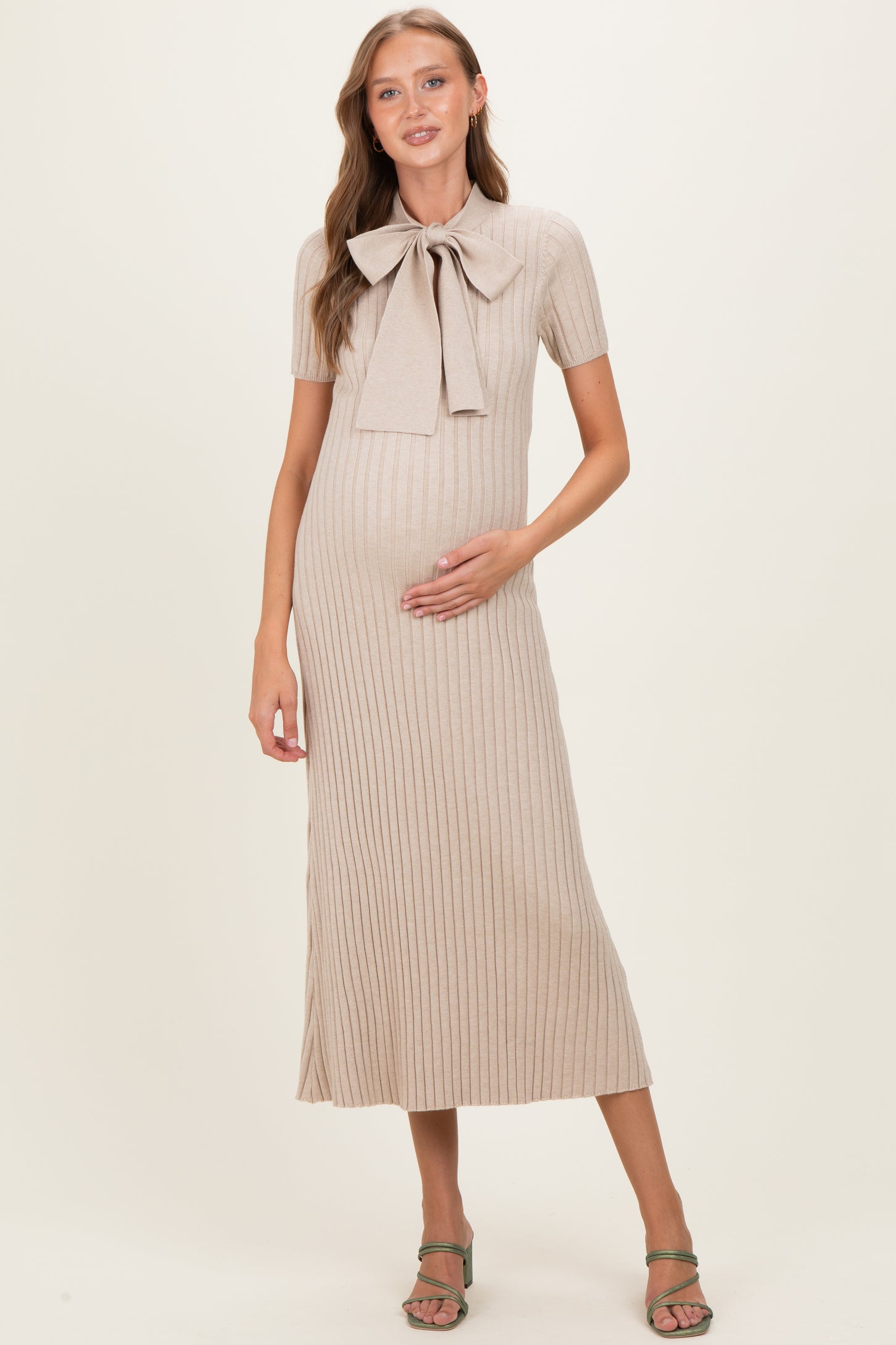 Oatmeal Ribbed Knit Tie Neck Maternity Midi Dress