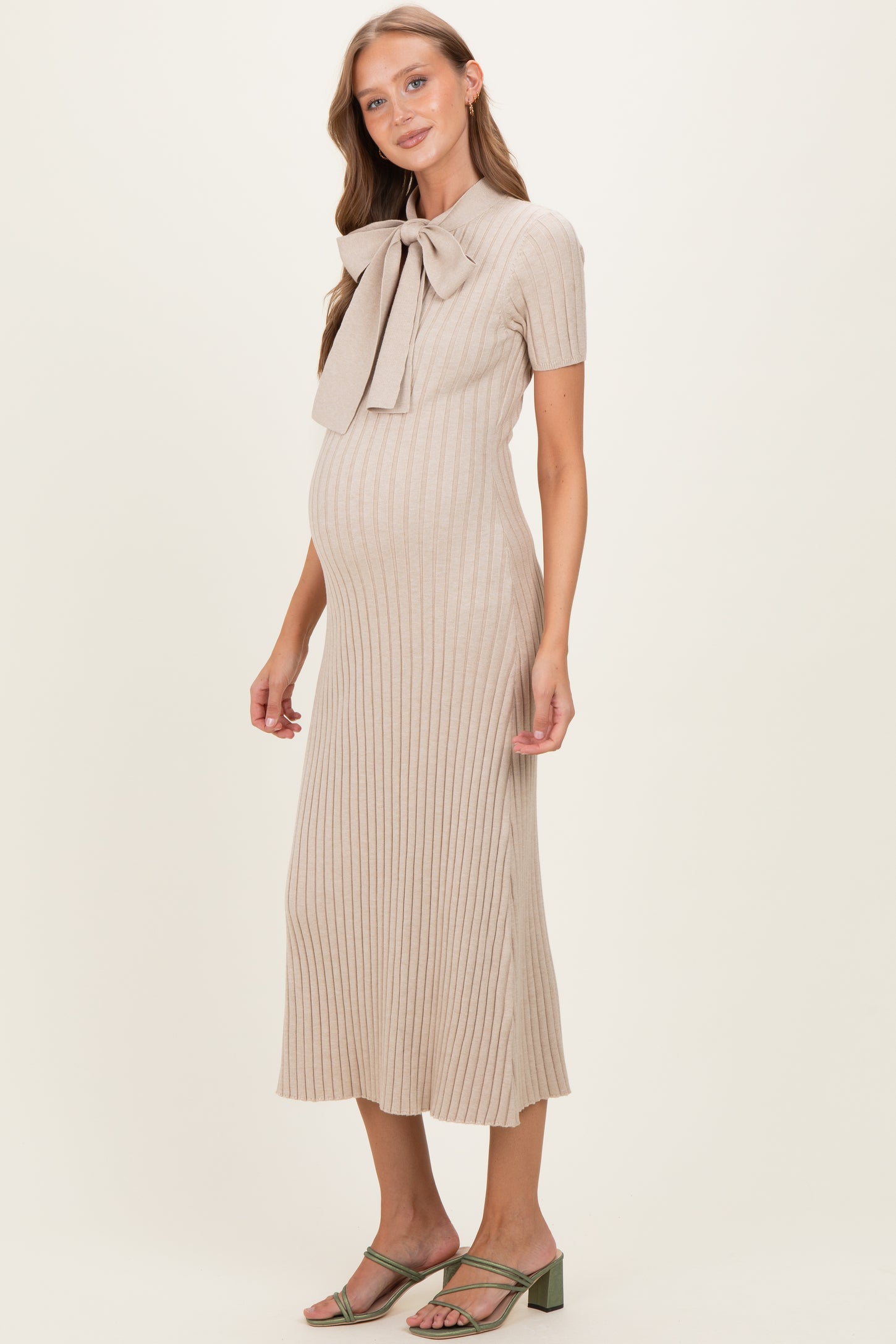 Oatmeal Ribbed Knit Tie Neck Maternity Midi Dress