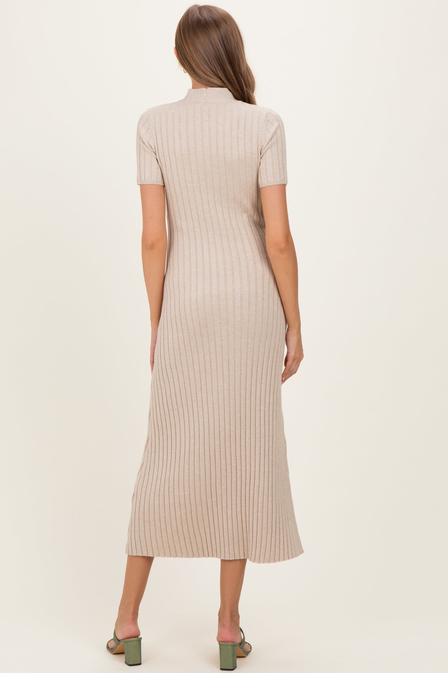 Oatmeal Ribbed Knit Tie Neck Maternity Midi Dress