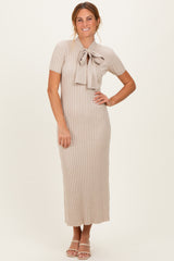Oatmeal Ribbed Knit Tie Neck Maternity Midi Dress