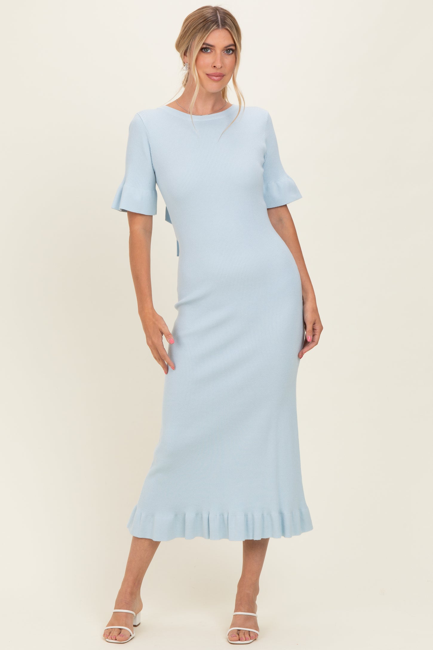 Sky Ribbed Knit Bow Back Ruffle Accent Maternity Dress