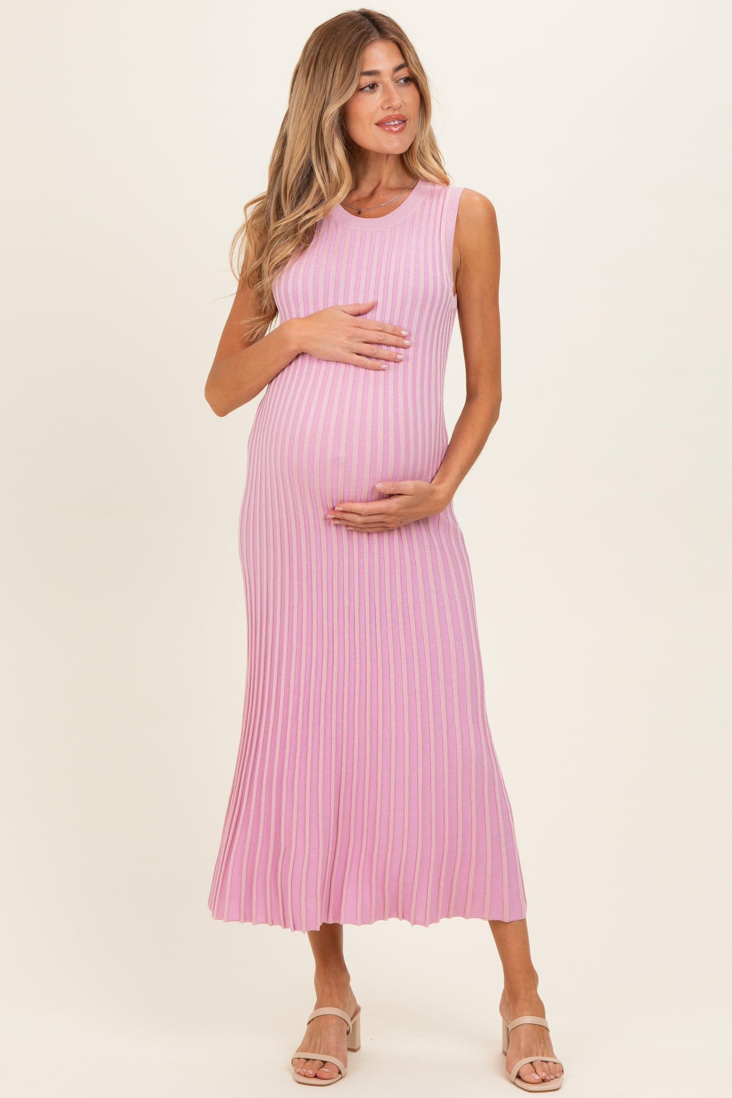 Pink Ribbed Knit Sleeveless Maternity Maxi Dress