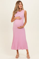 Pink Ribbed Knit Sleeveless Maternity Maxi Dress
