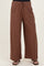 maternity wear brown striped wide-leg pants with an elastic waistband and tie detail, styled with a black top