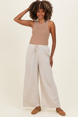 Oatmeal Pinstripe Drawstring Maternity Linen Pants