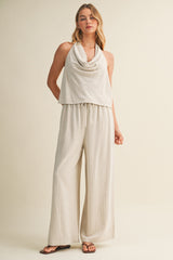 Oatmeal Pinstripe Drawstring Linen Pants