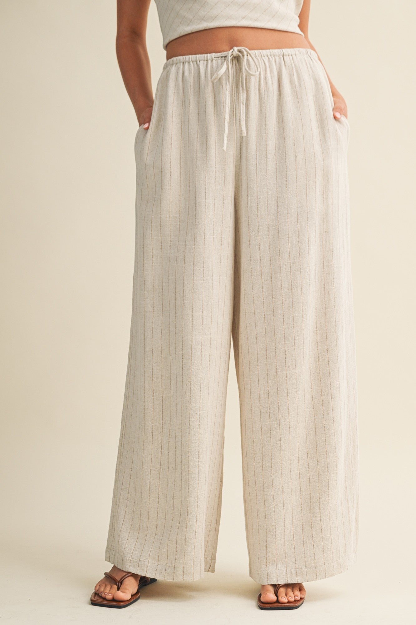 Oatmeal Pinstripe Drawstring Linen Pants