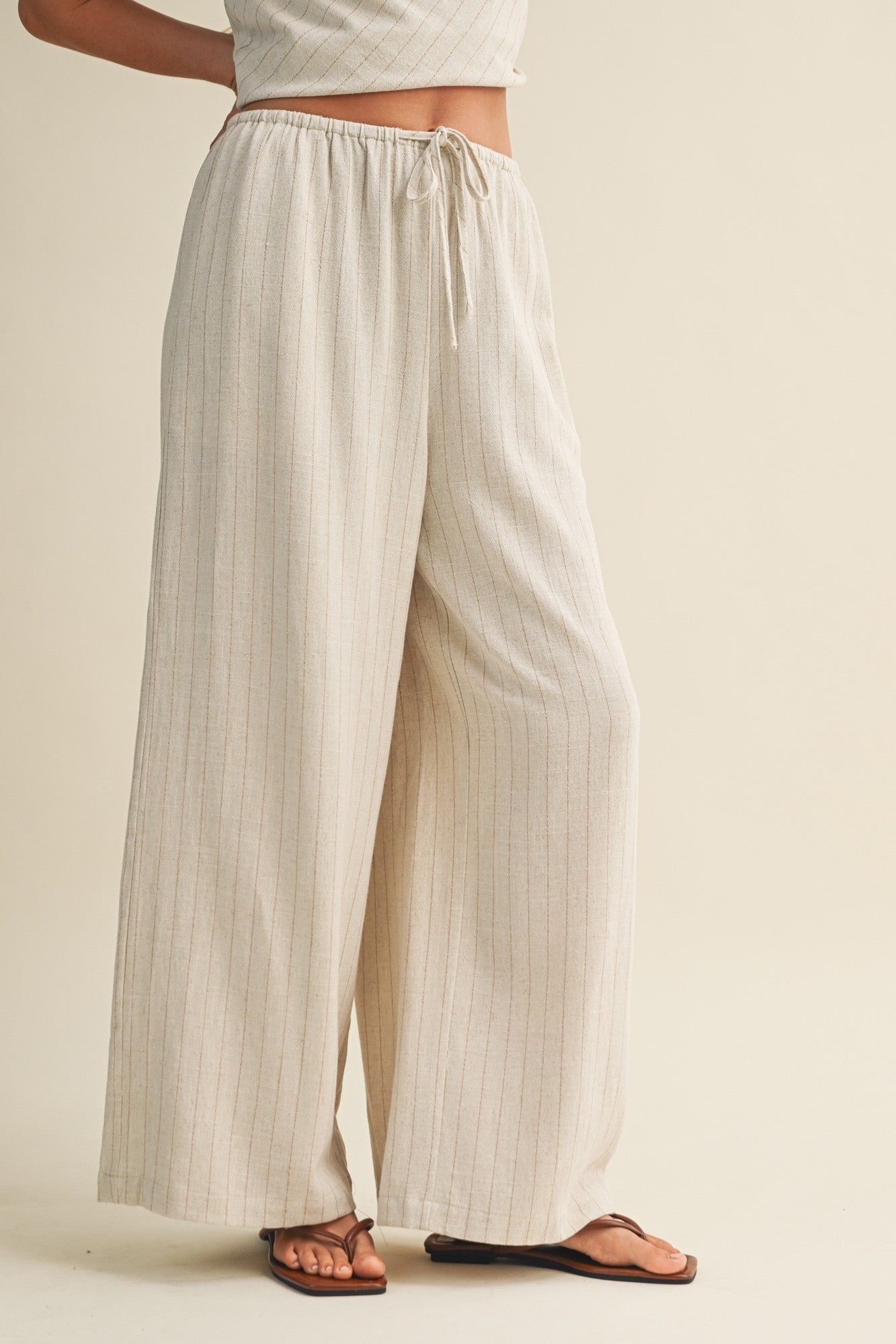 Oatmeal Pinstripe Drawstring Linen Pants