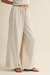 Oatmeal Pinstripe Drawstring Linen Pants
