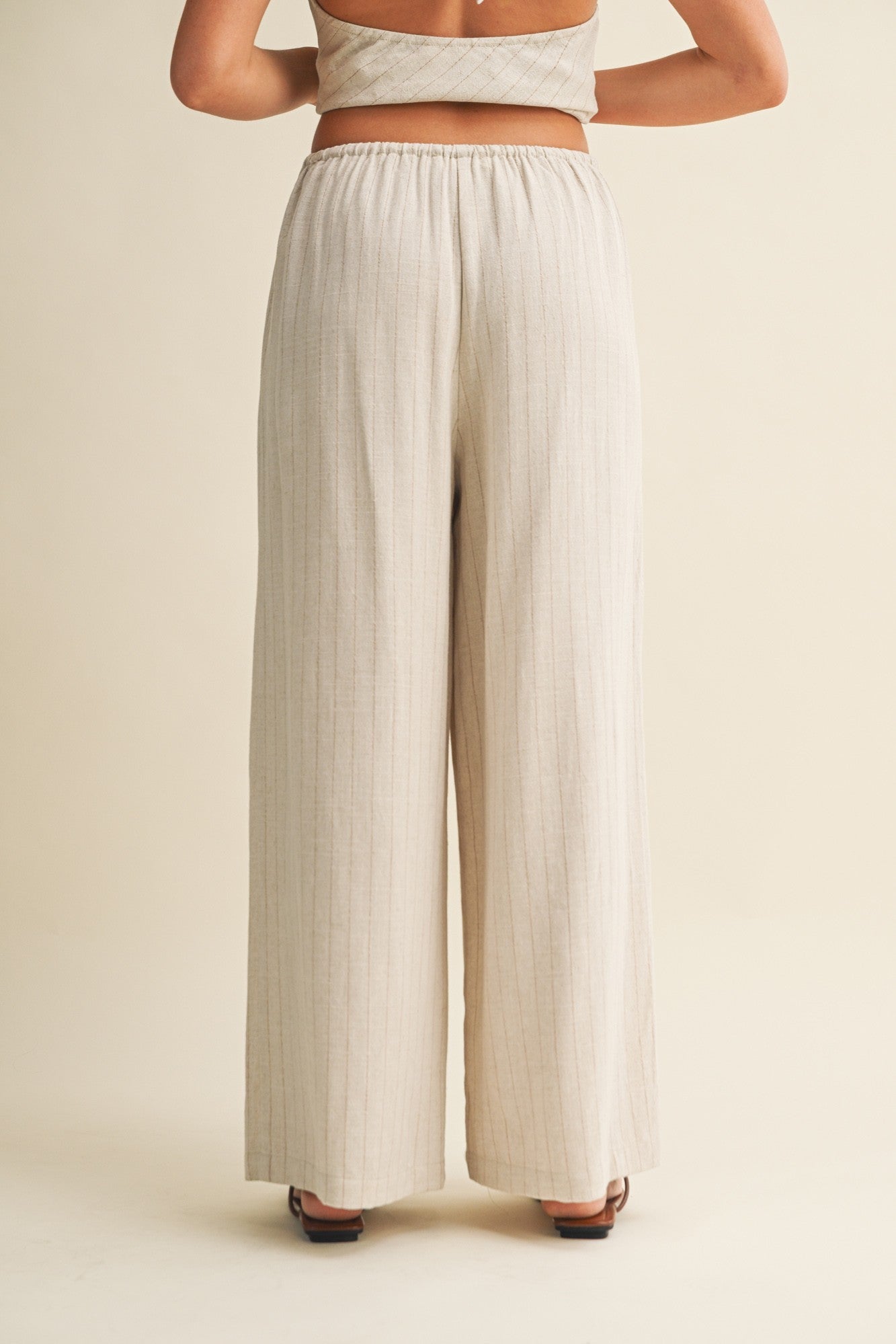 Oatmeal Pinstripe Drawstring Linen Pants