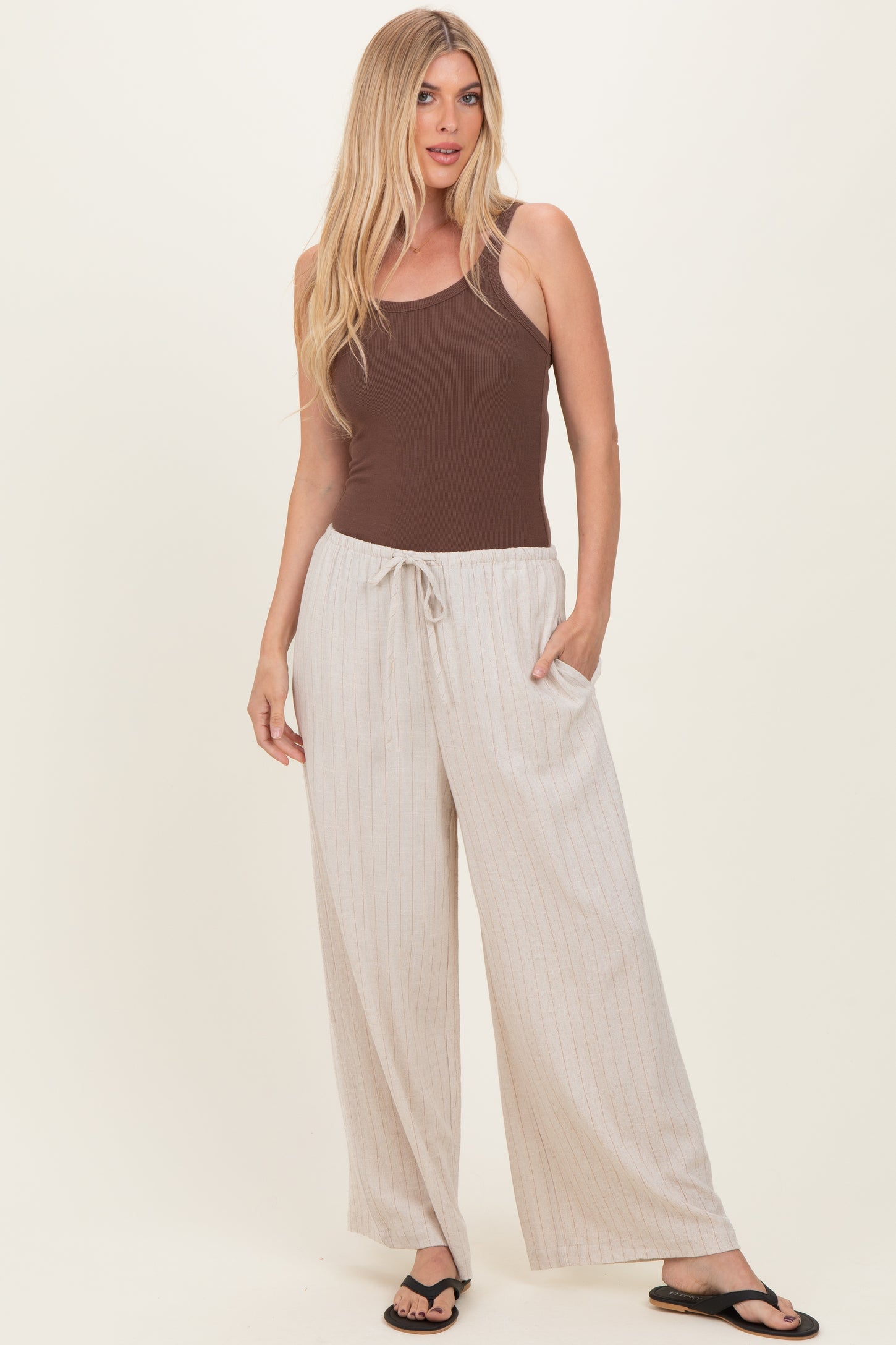 Oatmeal Pinstripe Drawstring Linen Pants