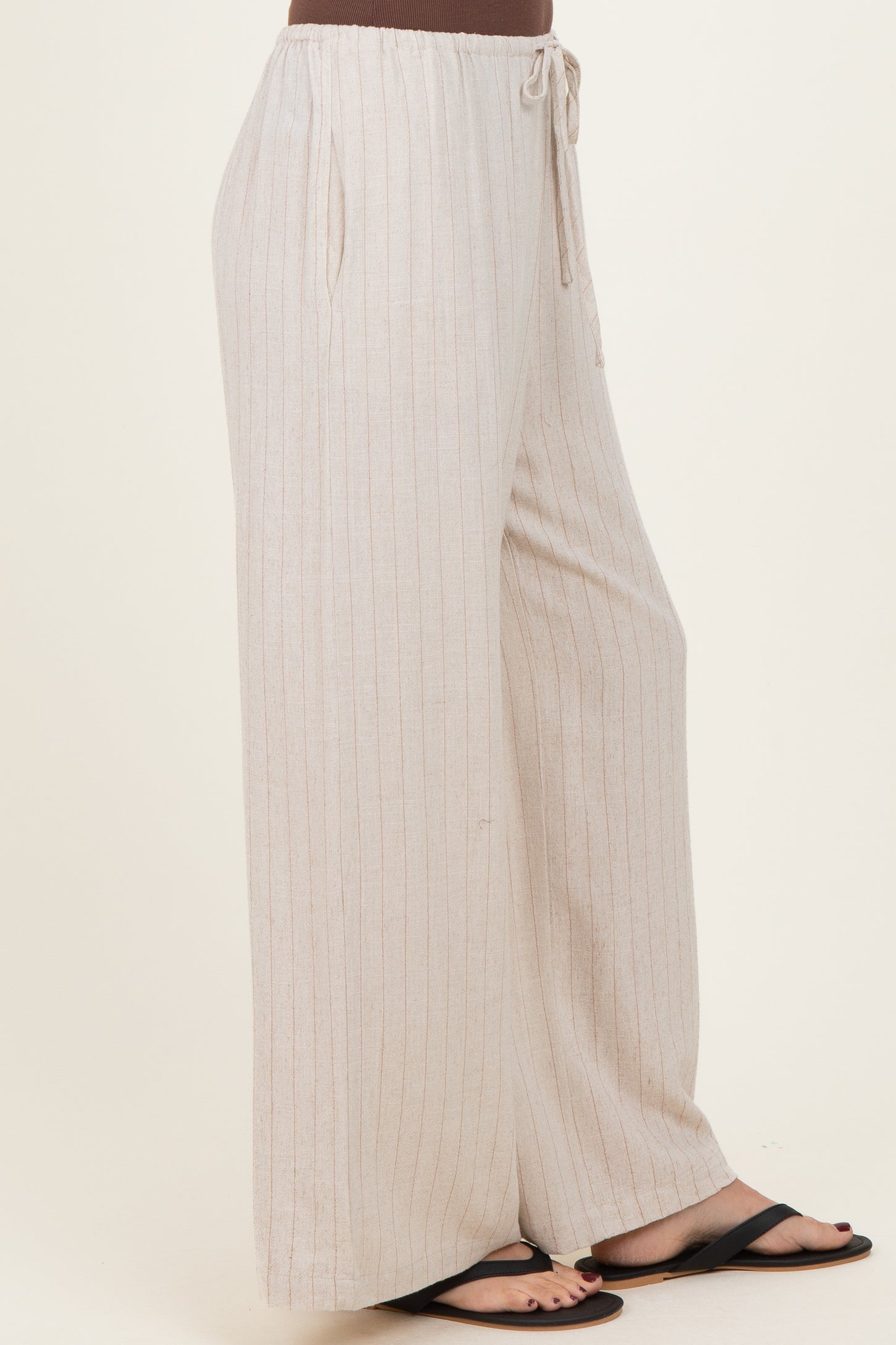 Oatmeal Pinstripe Drawstring Linen Pants