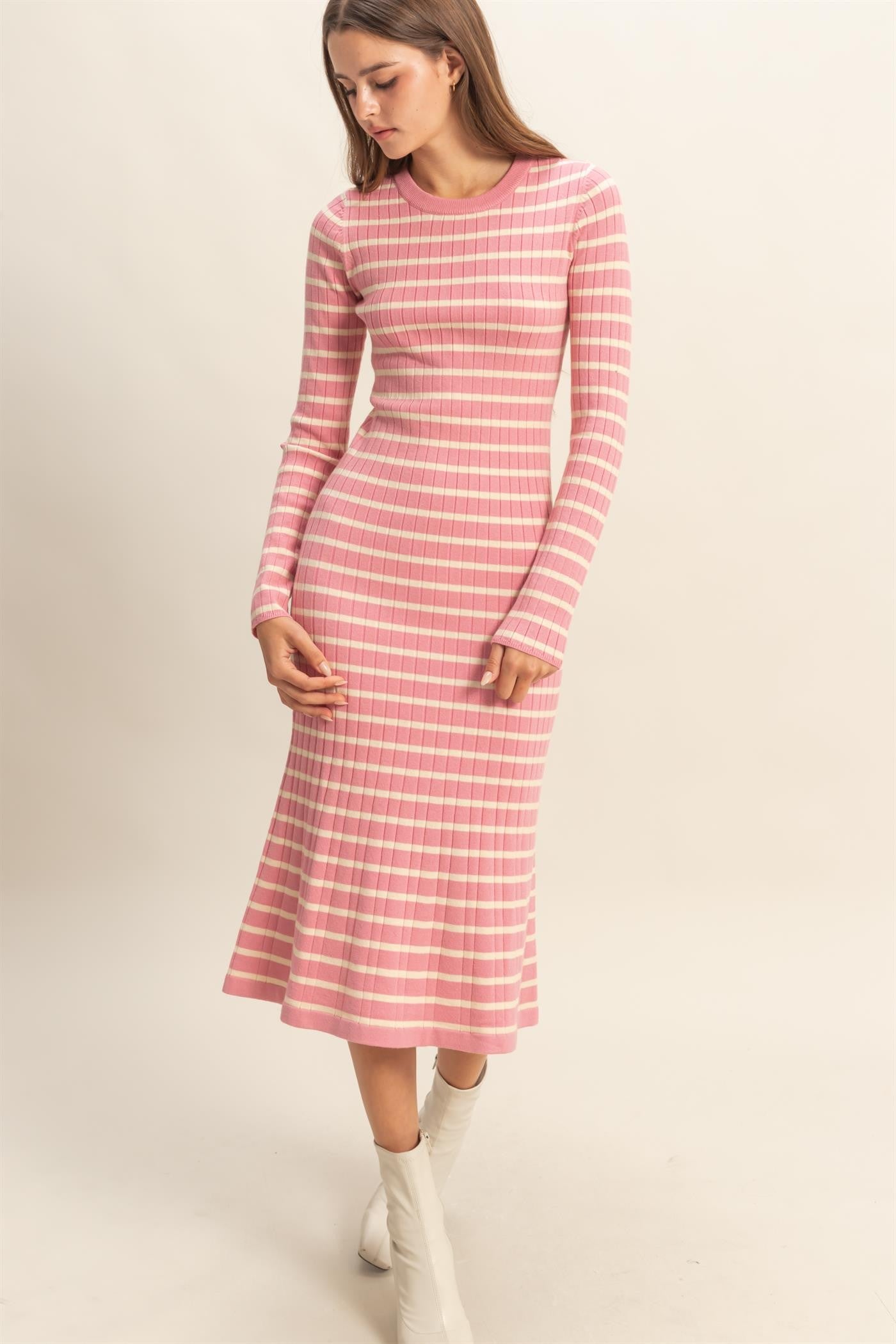 Pink Striped Knit Maternity Midi Flare Dress