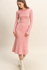 Pink Striped Knit Maternity Midi Flare Dress