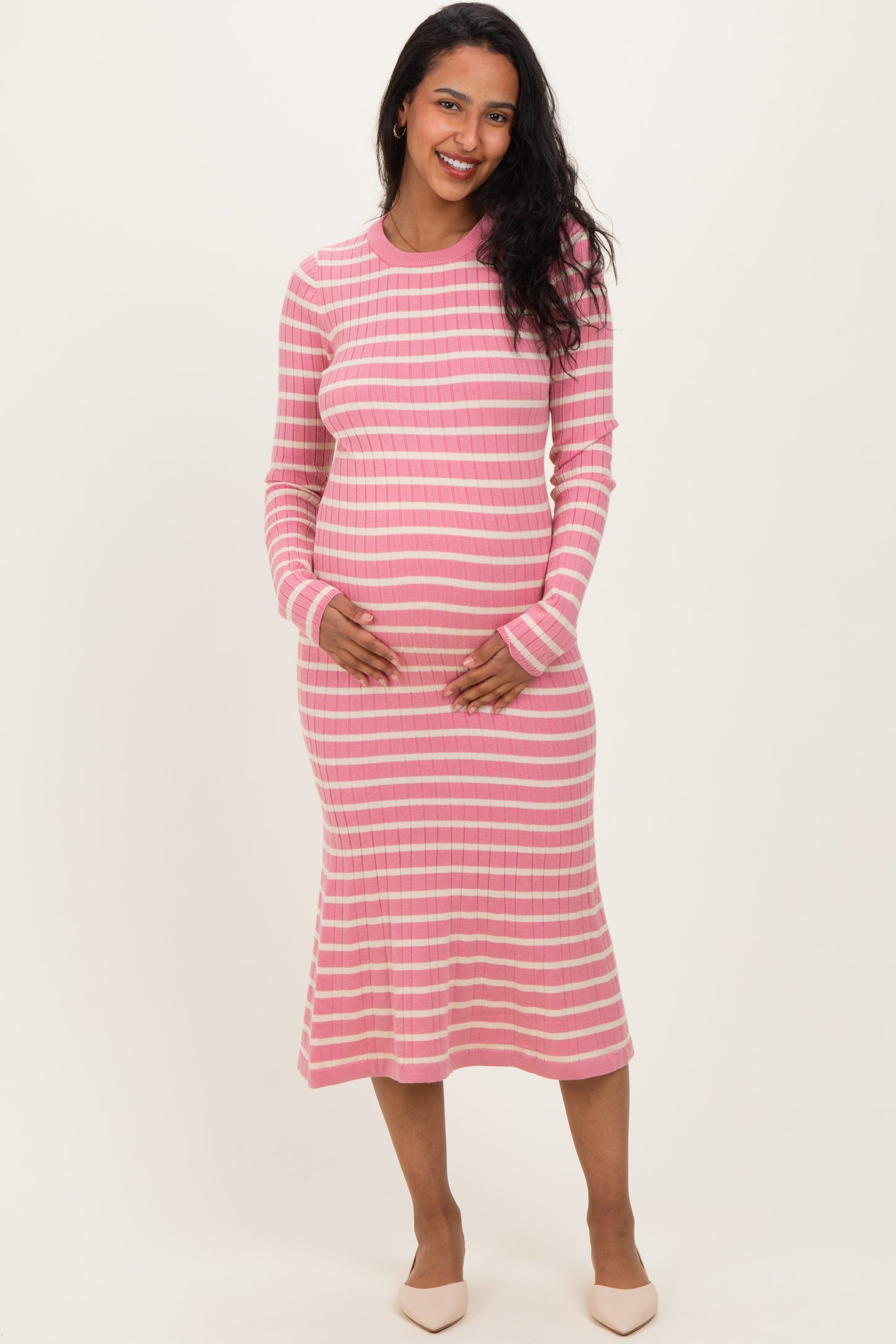 Pink Striped Knit Maternity Midi Flare Dress