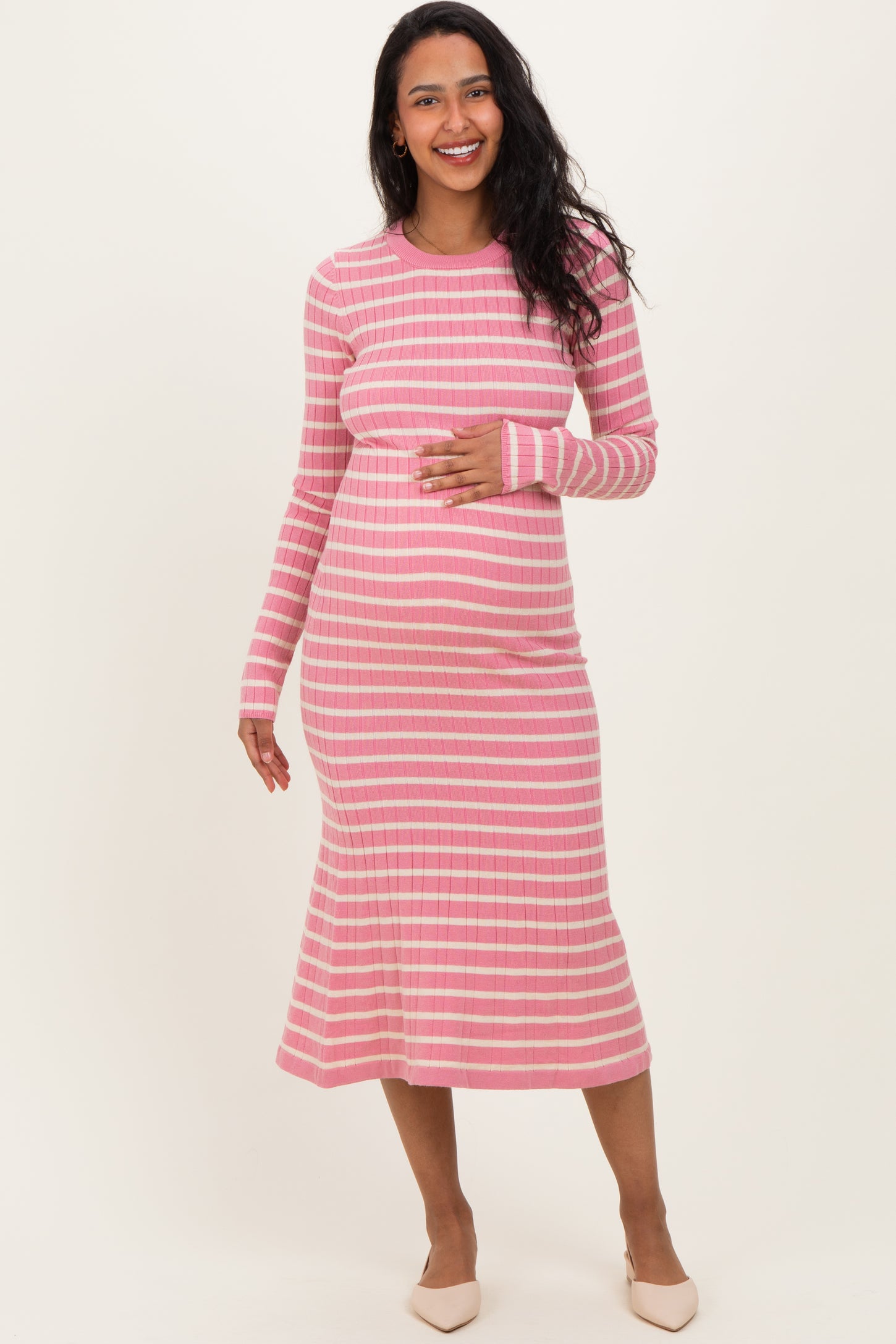 Pink Striped Knit Maternity Midi Flare Dress