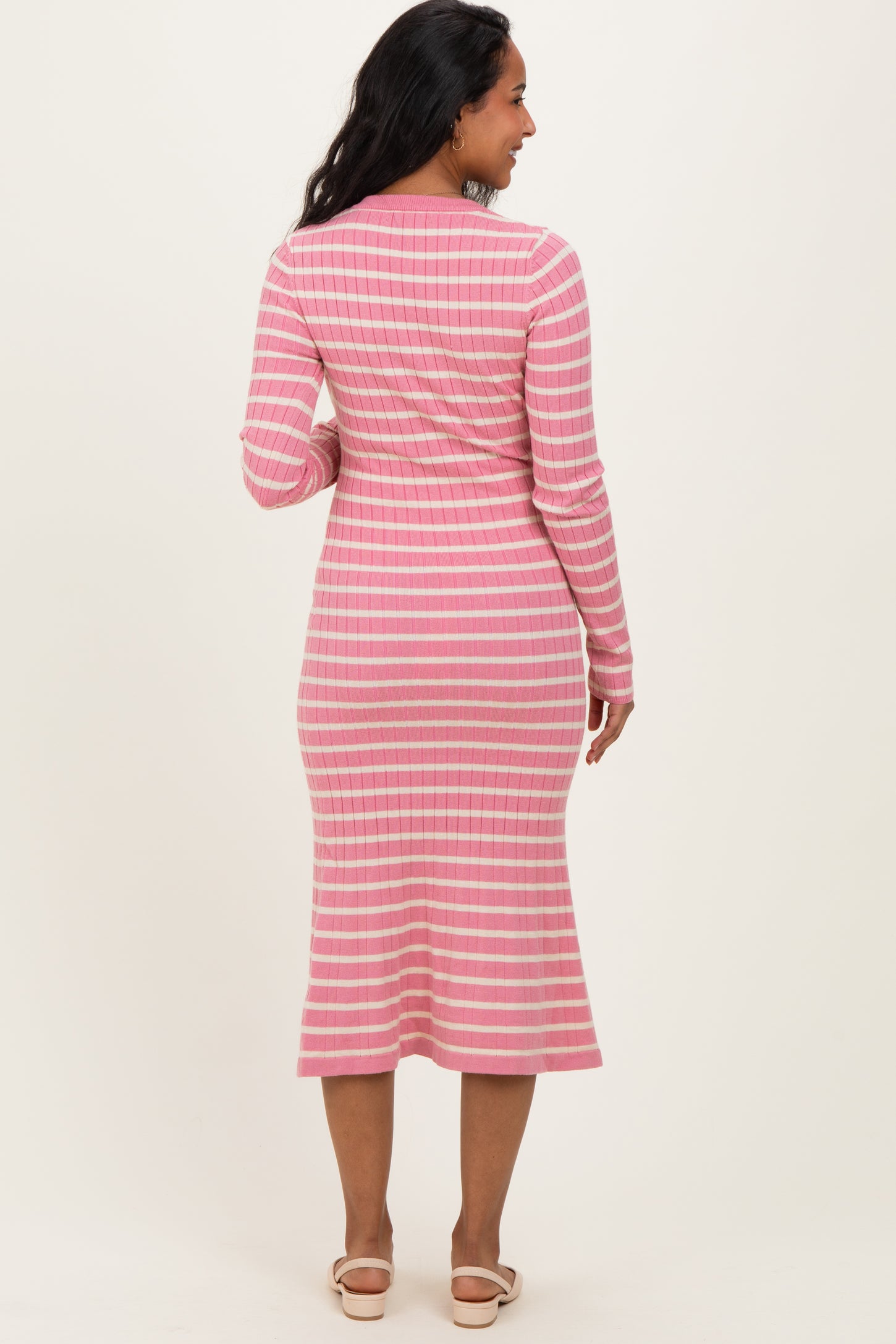 Pink Striped Knit Maternity Midi Flare Dress