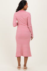 Pink Striped Knit Maternity Midi Flare Dress