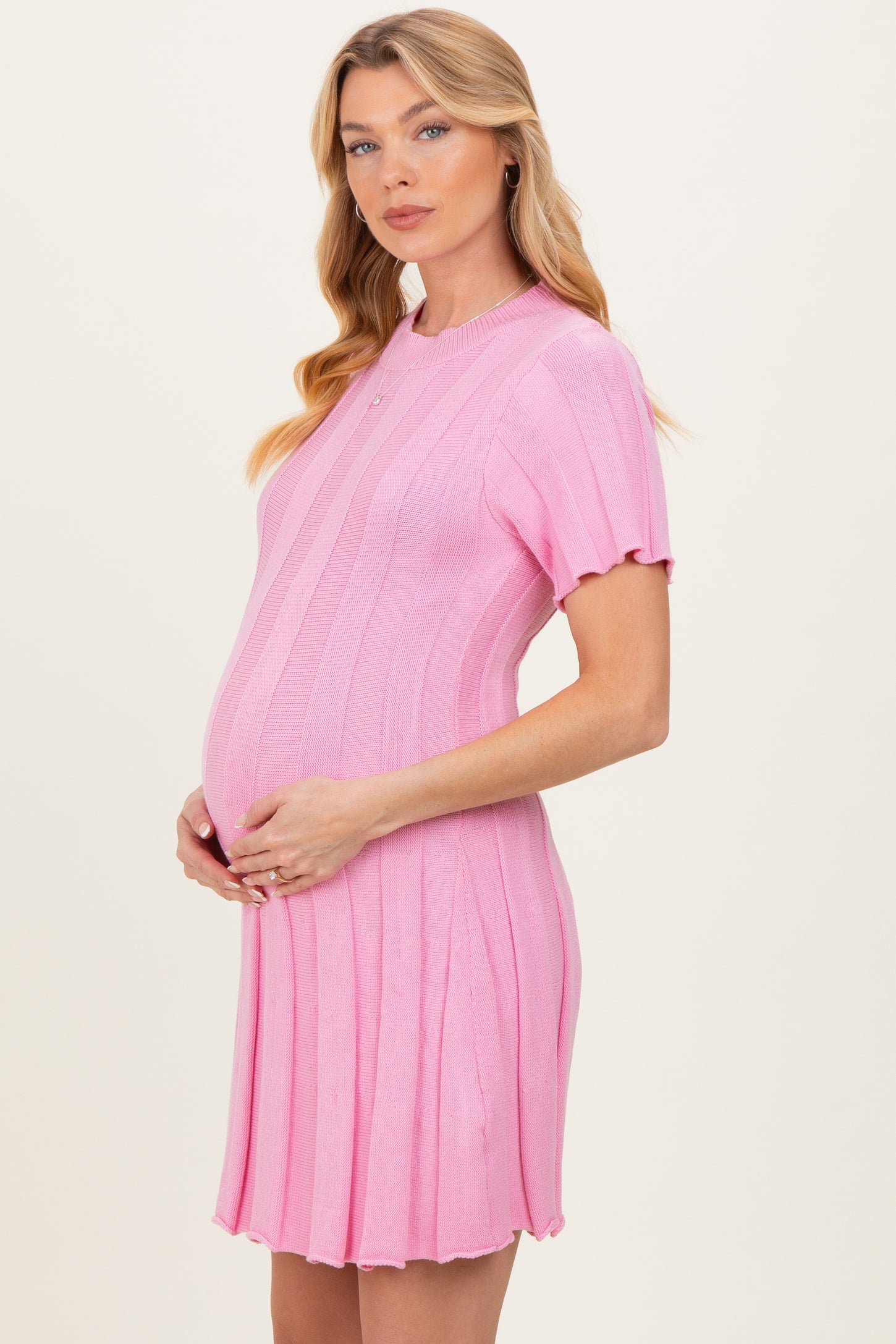 Pink Wide Rib Knit Short Sleeve Maternity Mini Dress