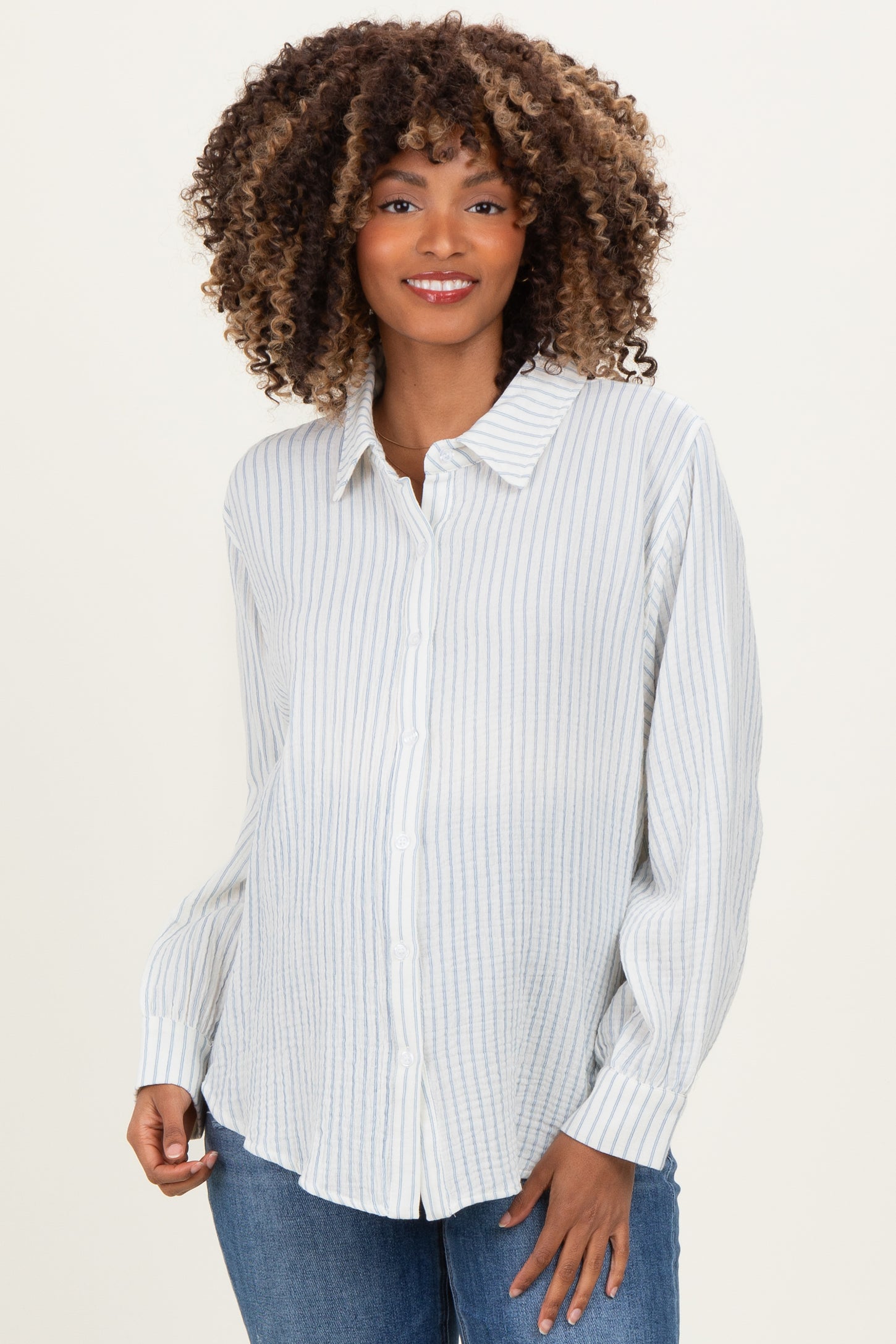 Ivory Striped Cotton Gauze Maternity Button Down Shirt
