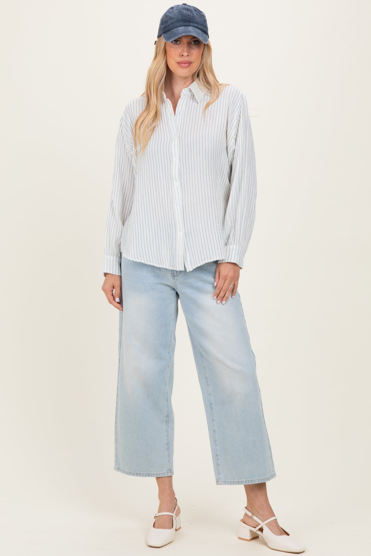 Ivory Striped Cotton Gauze Button Down Shirt