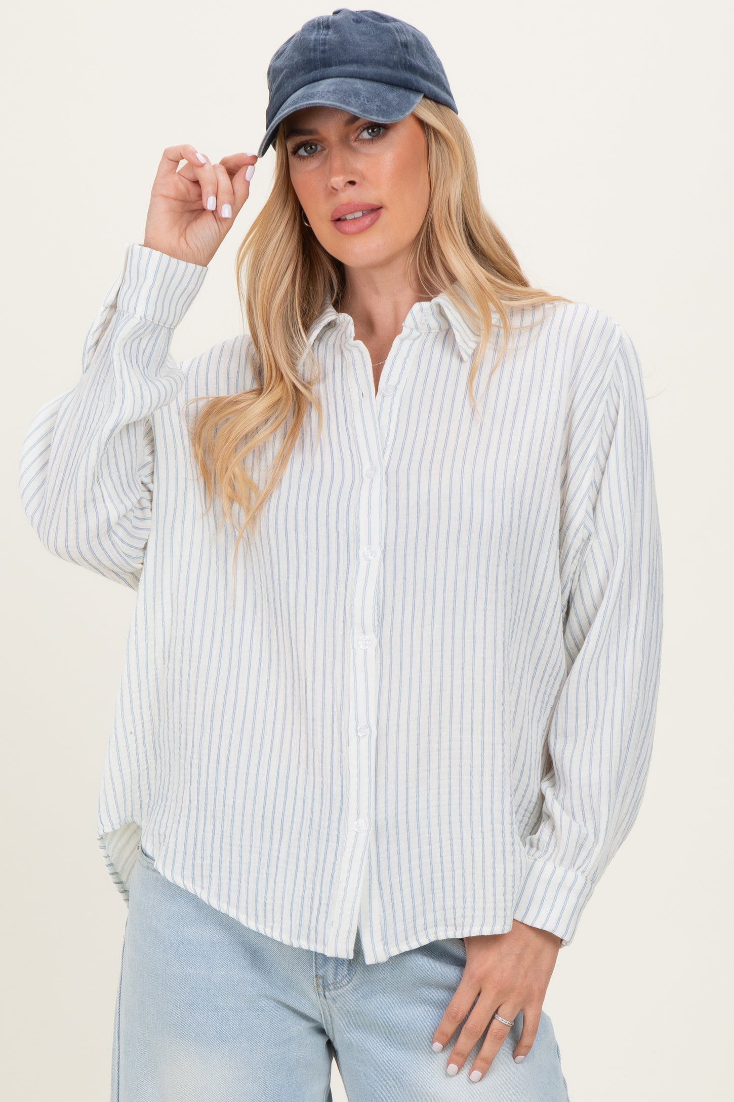 Ivory Striped Cotton Gauze Button Down Shirt